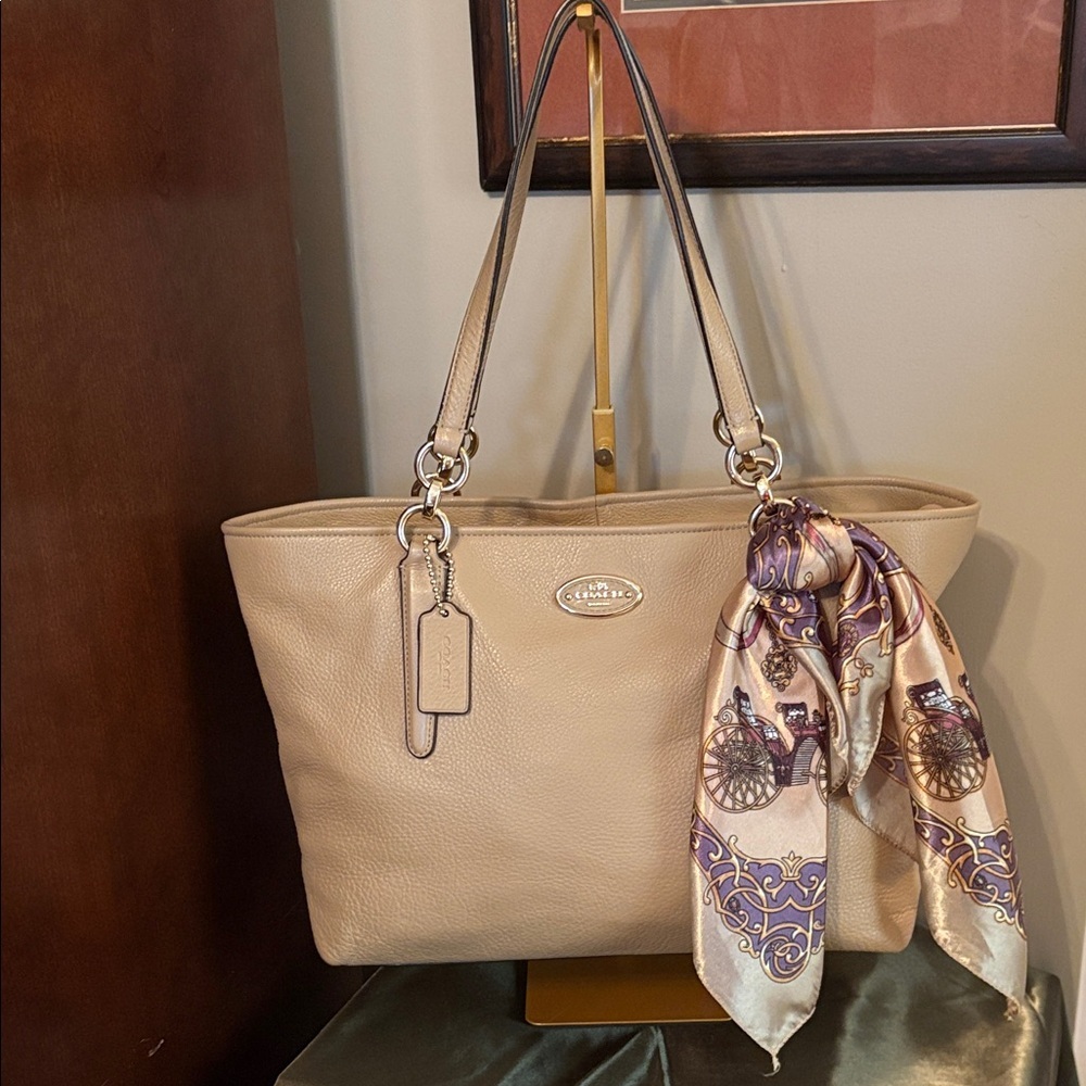 Chicago Coach Ellis Beige  Leather Tote with Gold Hardware and Decorative Scarf